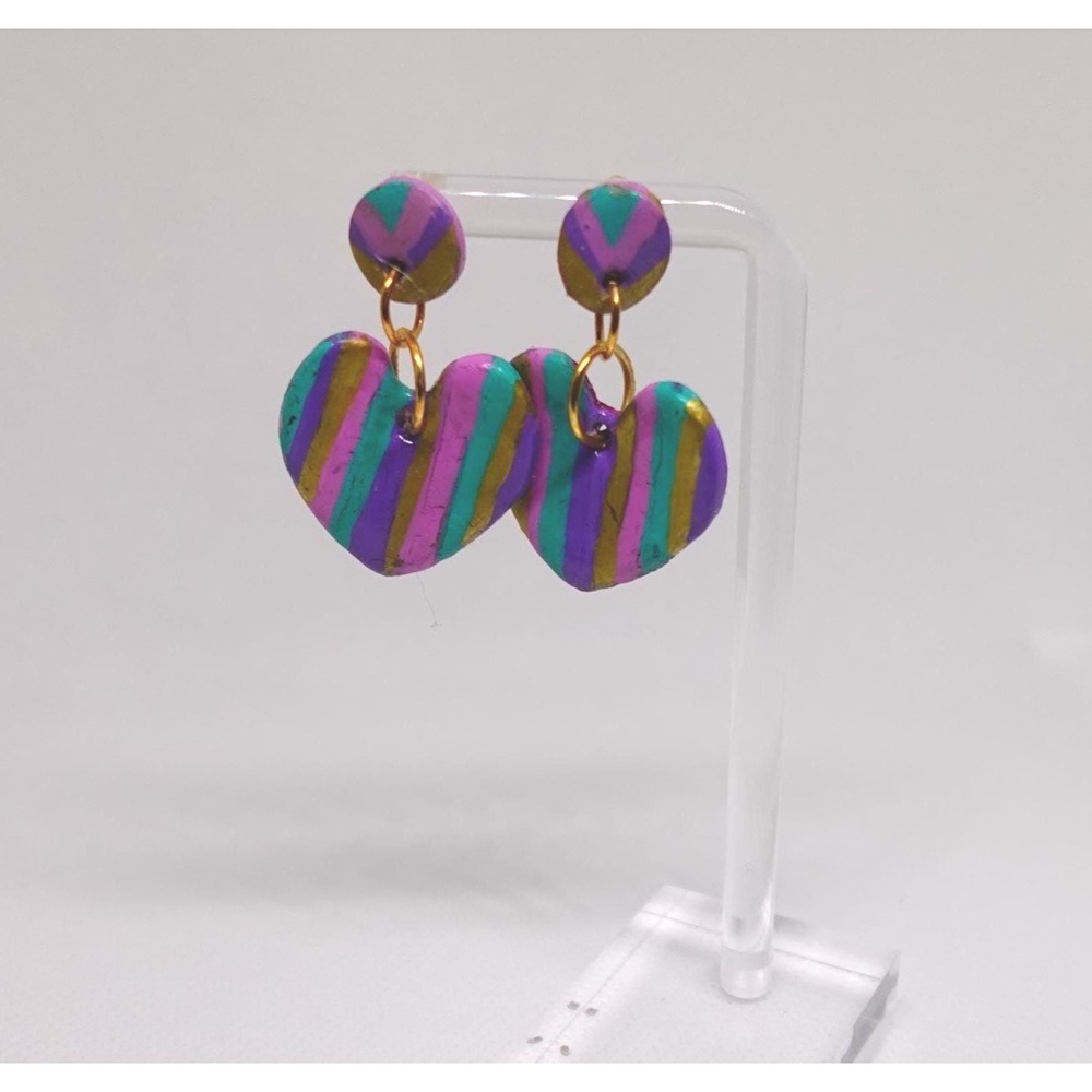 Striped Heart Earrings, Boho Polymer Clay Dangle Pink Artisan Statement Drop